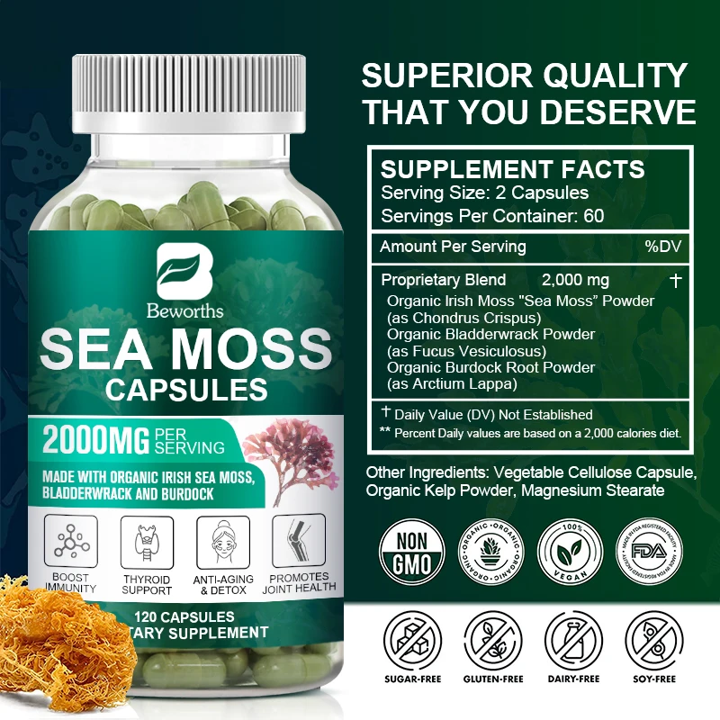 BEWORTHS Organic Sea Moss Pill for Intestinal Health & Immune Support Thyroid Support Skin, Joint Health Support Anti-Aging