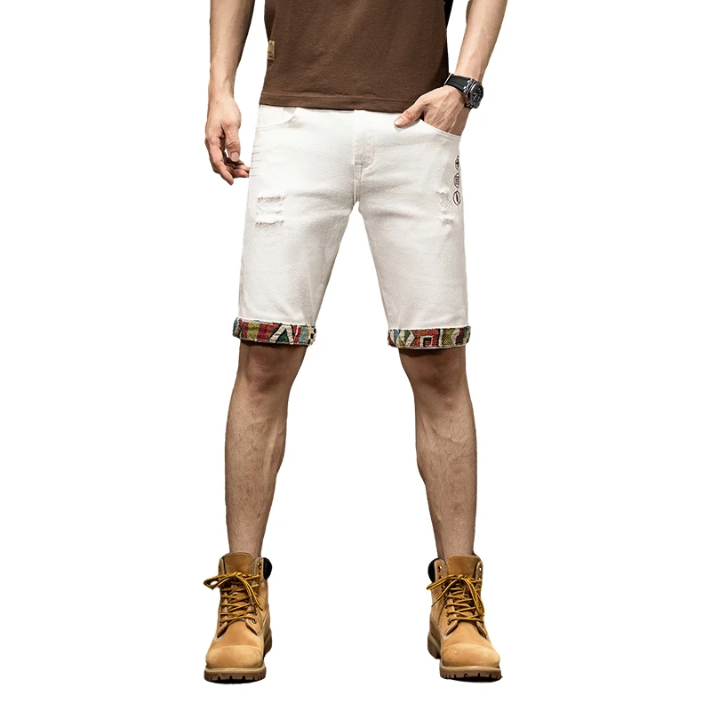 Denim Shorts Men's Summer Stretch Breathable Trendy Men's Personalized Fashion Embroidered Printed Slim Straight Casual Shorts