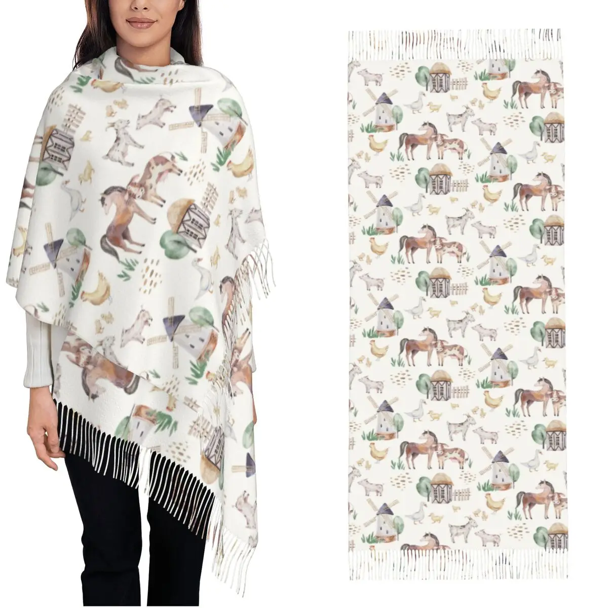 Cute Farm Animals Horse Goose Pig Shawl Wraps for Women Warm Long Soft Scarf Watercolor Farmhouse Pashmina Shawl Scarves