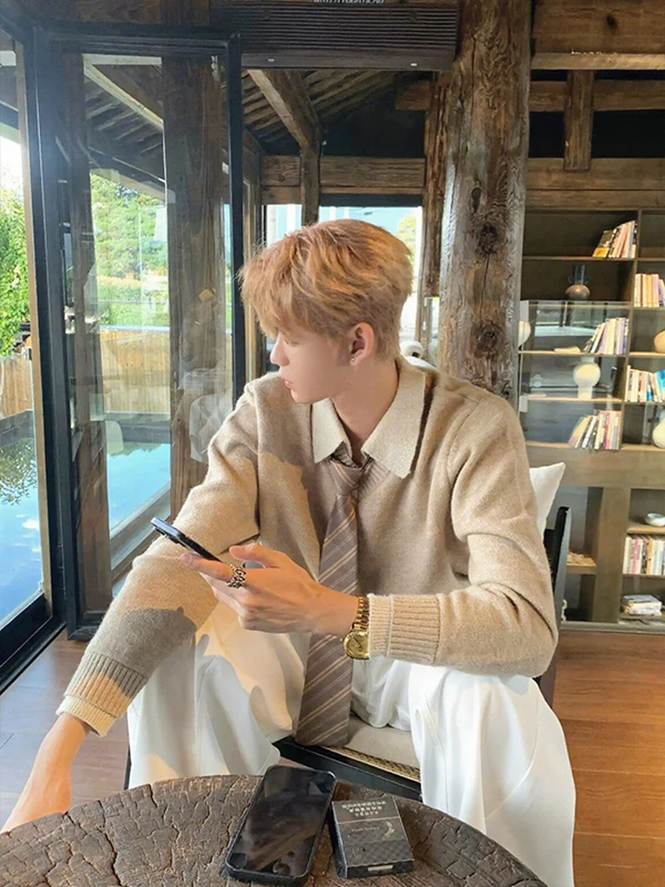 

Мужской повседневный вязаный свитер с V-образным вырезом, свободного кроя, осенний, для отдыха, очень комфортный, из мягкого волокна Coolmax, в стиле Laid-ba Sle