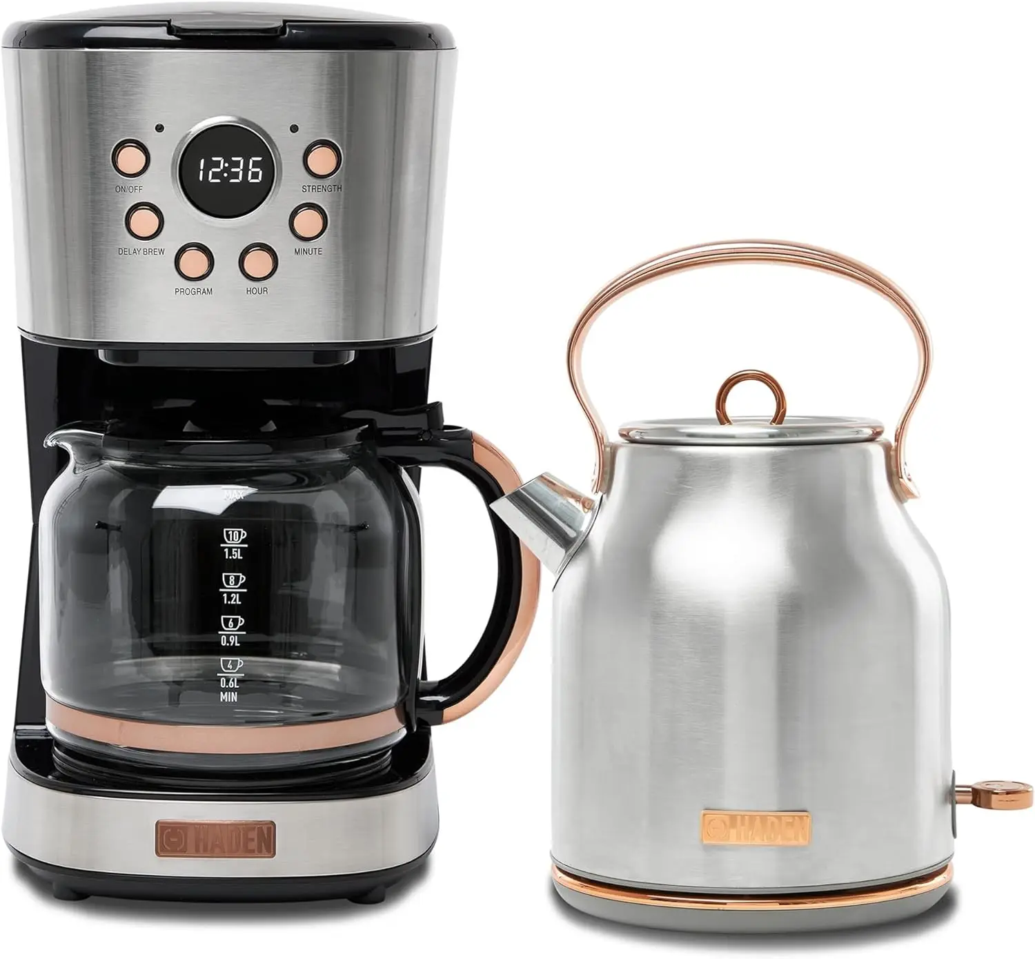 Bollitore elettrico Heritage da 1,7 litri in acciaio inossidabile con caffettiera a goccia da 12 tazze, macchina da caffè con spegnimento automatico, Ste