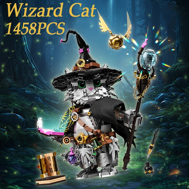 

1458 шт., строительные блоки с изображением кота-волшебника, модель игрушки, волшебный котенок, мелкие кирпичи, креативные украшения для дома на день рождения, Рождество