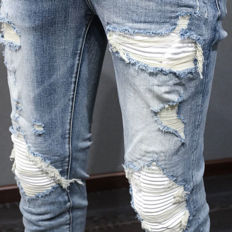 Fashionable new men's light blue jeans with stretch, slim fit, washed and spliced leather jeans, high street hip-hop brand desig