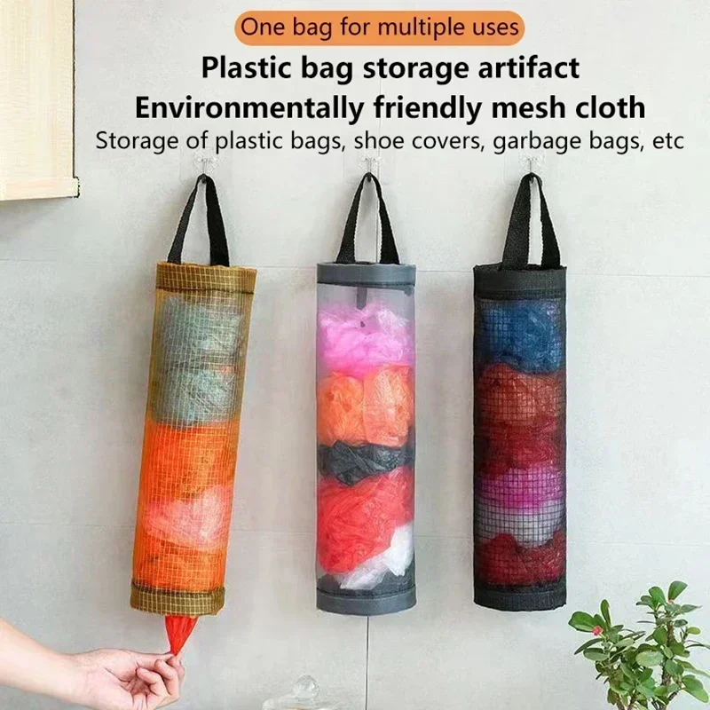 

2024 Kitchen Plastic Wall Mount Bag Holder No-Punch Grocery Bag Holder Dispenser Hanging Storage Trash Garbage Garbage Organizer