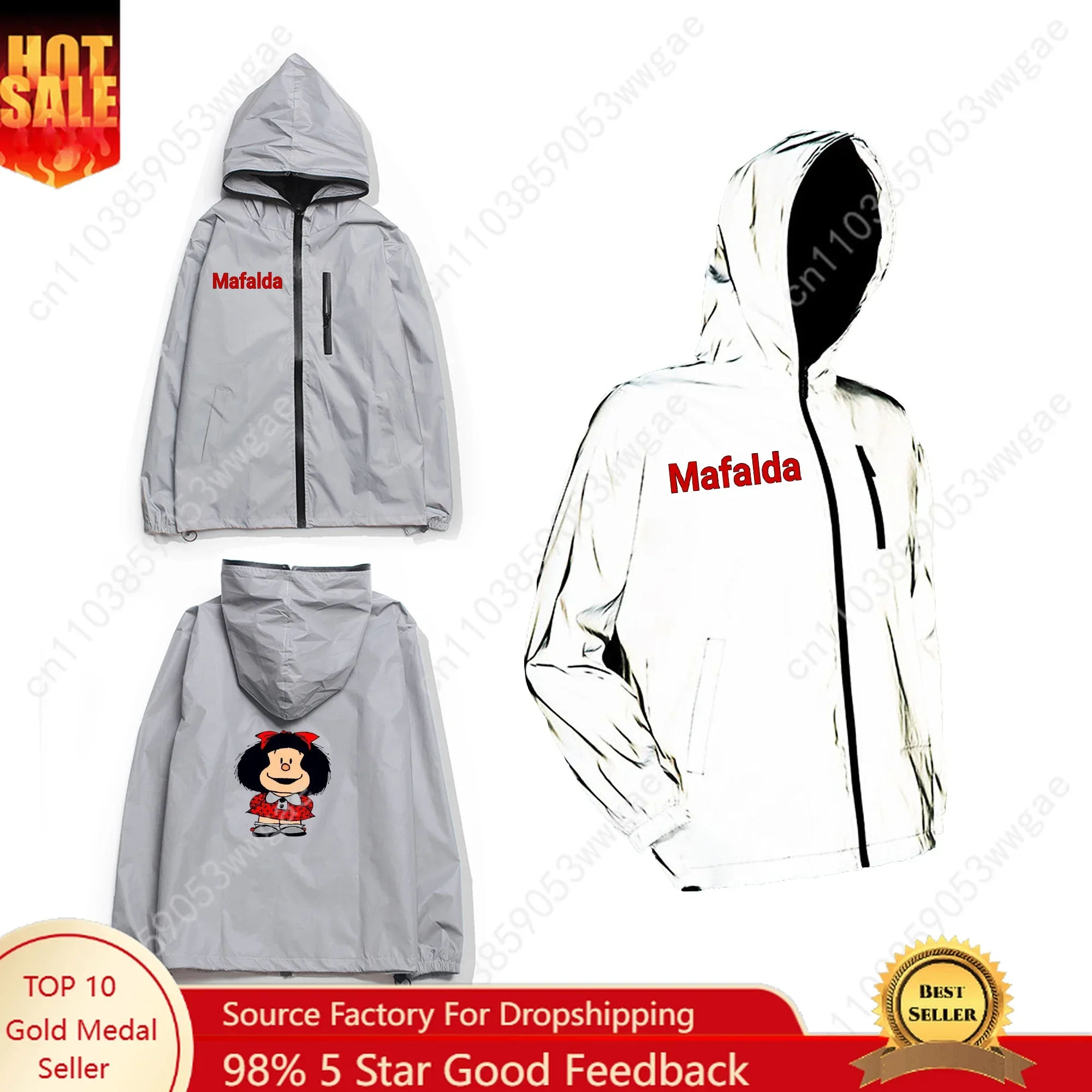 Mafalda Reflective Jacket Mens Womens Coat Hooded Windbreaker Run Pocket Jackets Cycling Hiking Zipper Cartoon Customized Hoodie
