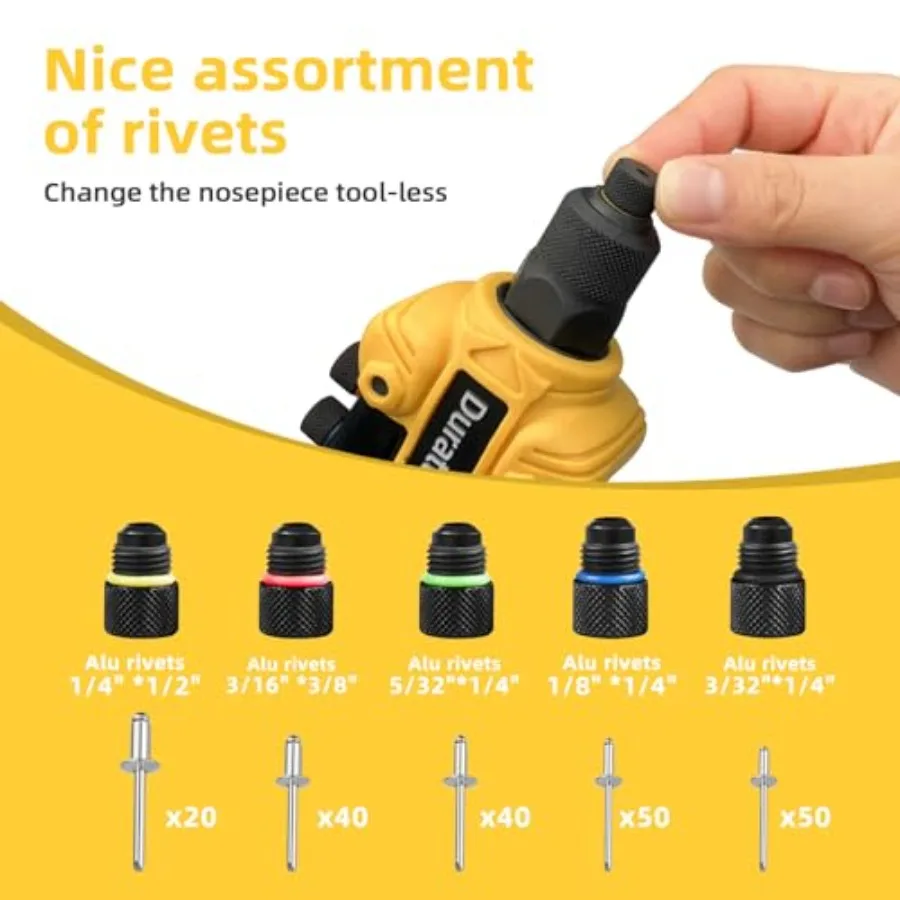 Heavy Duty Hand Riveter Tool with 200 Blind Rivets and 5 Interchangeable Rivet Heads 3 32 1 8 5 32 3 16 1 4 for Metal Fabricati