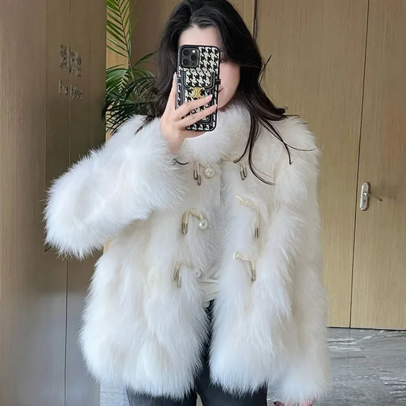 Pearl Buckle Fur Jacket Women Overcoat Fashion Loose Mao Mao Thick Warm Parka Coat 2023, jesienno-zimowy nowy płaszcz z imitacji futra lisa