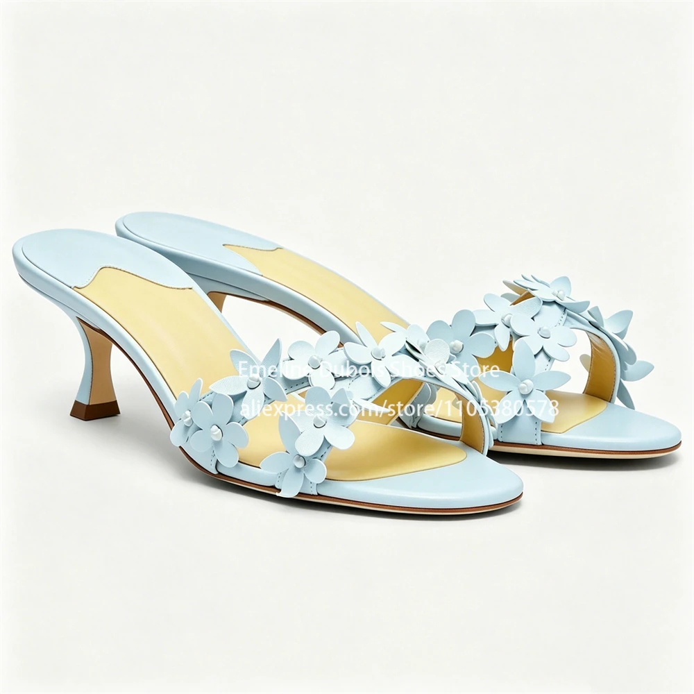 

Flower Applique Leather Kitten Heel Sandals Open Toe Slip on Elegant Mid Heel Sandals Summer Beach Wedding Ladies Dress Shoes