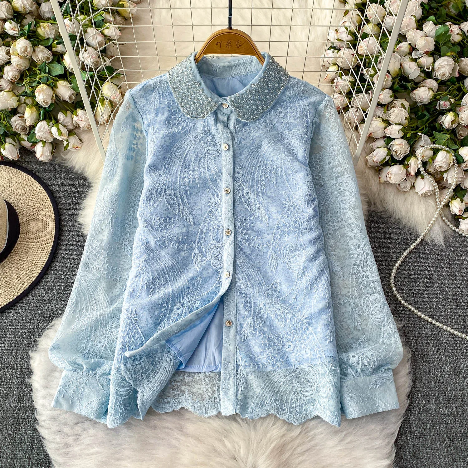 

SuperAen французский стиль вышитые расклешенные рубашки с воротником с лацканами для женщин летние новые элегантные милые кружевные свободные рубашки