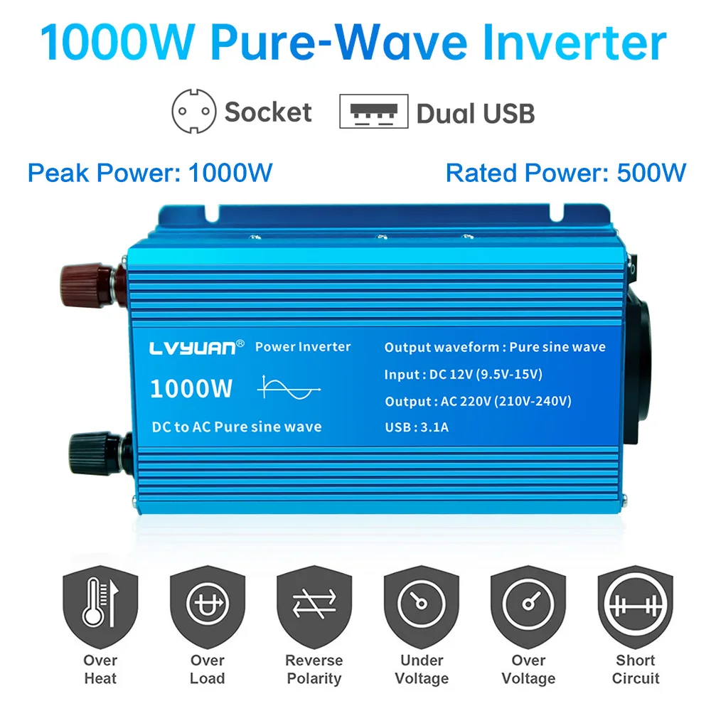 1000W Car Power Inverter DC12V to AC220V Pure Sine Wave Voltage Converter Dual USB Ports 50Hz/60Hz Car Adapter For Outdoor RV