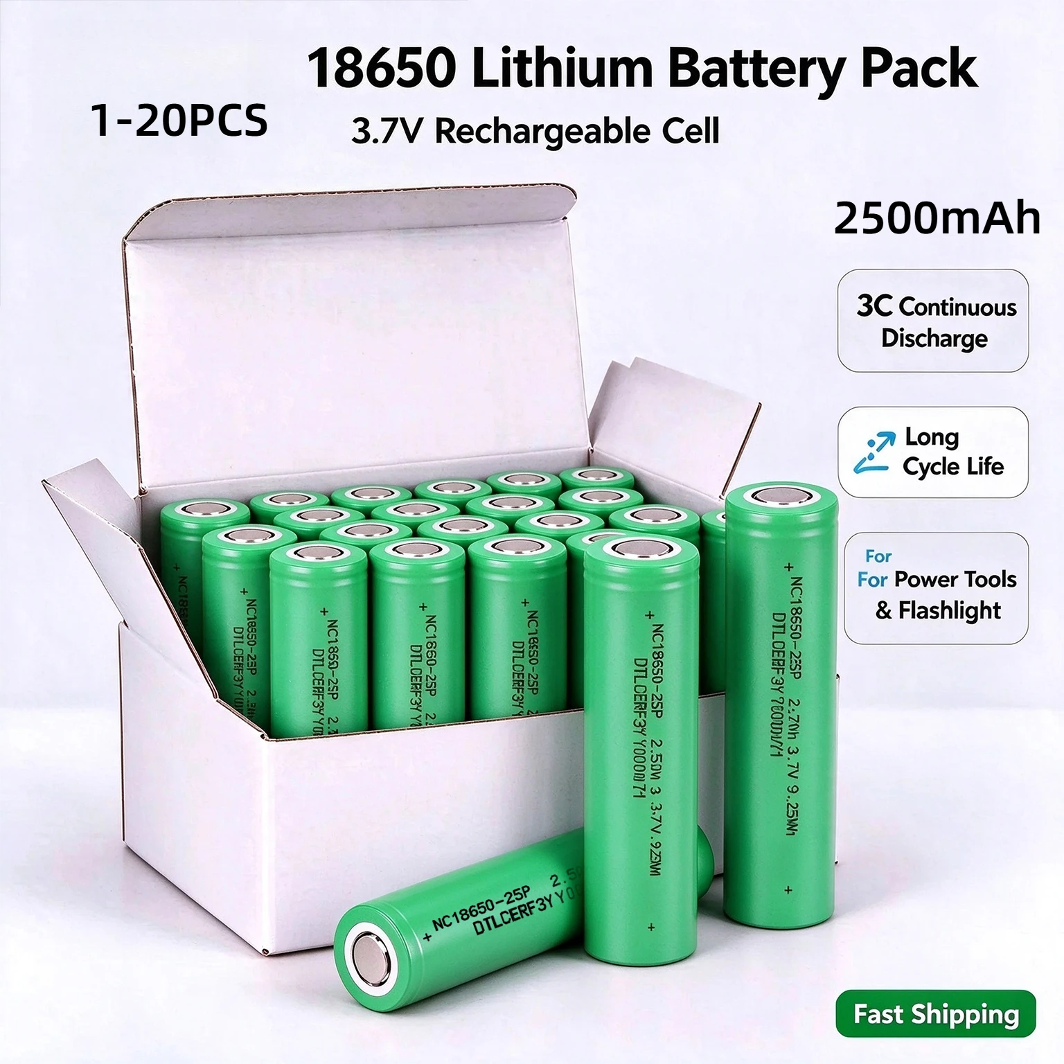1-20PCS 18650 3.7V 2500mAh Rechargeable Lithium Battery High Discharge Li-ion Cell for Flashlight Power Bank DIY Electronic
