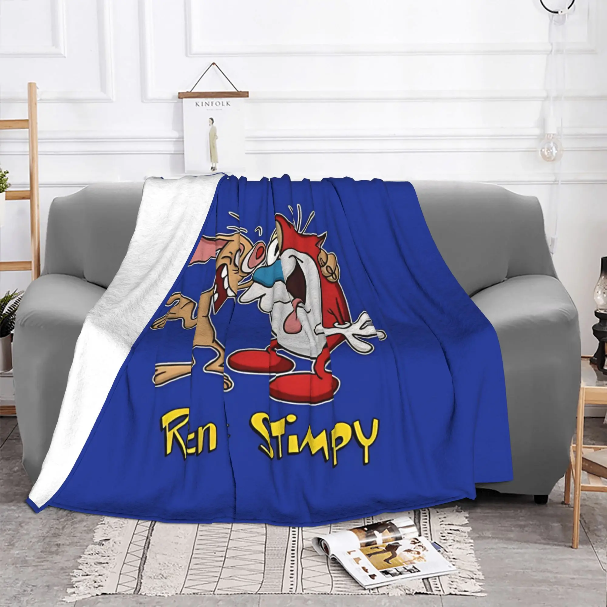 1PC Home Cutecore weird cartoon duo Ren & Stimpy Blanket Super Cosy Plush Home Living Room Sofa Halloween