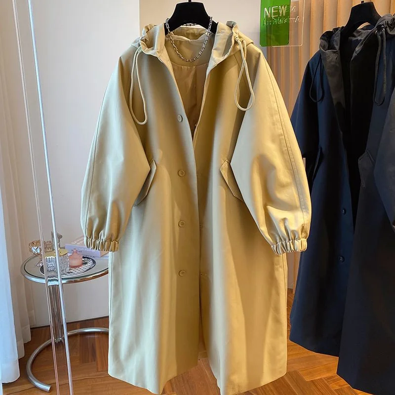 

plus Size 300 Pou Women's Khaki Hooded Coat Loose Fitting Midi Length Casual Meat Concealing Outerwear Autumn Season