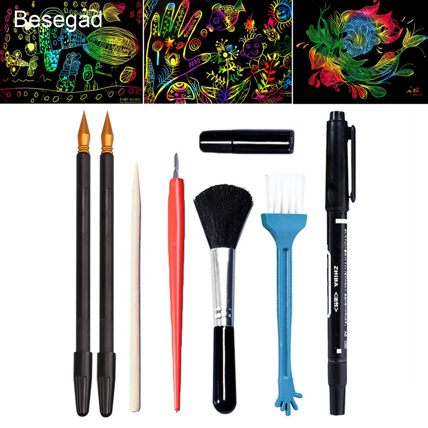 Behogar 8PCS Painting Drawing Scratch Arts Tools Set with Stick Scratch Pen Brush Repair Fluid for Kids Birthday Christmas Gift