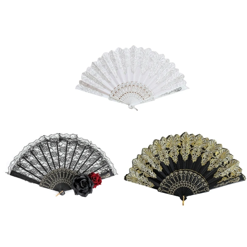 Embroidery Lace Folding Fan Wedding Cosplay Party Home Decorative Fan Ancient Bride Hand Fan Wedding Prom Accessories