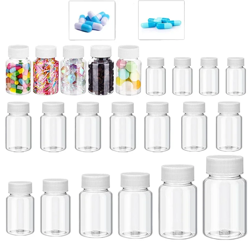 10 szt. Puste plastikowe buteleczki na pigułki 15ml-100ml z uszczelnianymi nakrętkami, dozownik na leki, pojemnik na kapsułki, na kosmetyki, do kuchni, na płyny