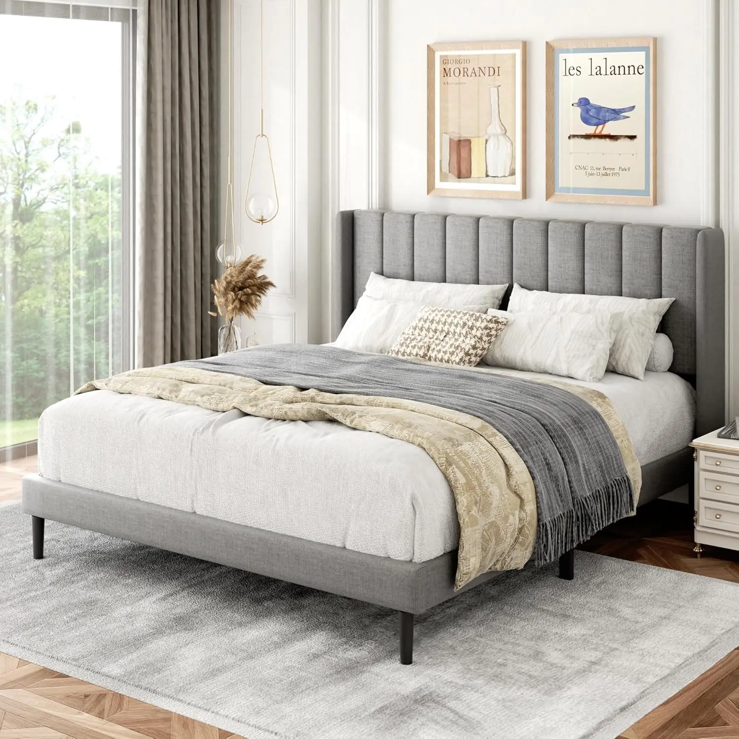 Bed Frame with Upholstered Wingback Headboard, Easy Assemnly Platform Bed, Wooden Slat Support No Box Spring Needed, Light Gray
