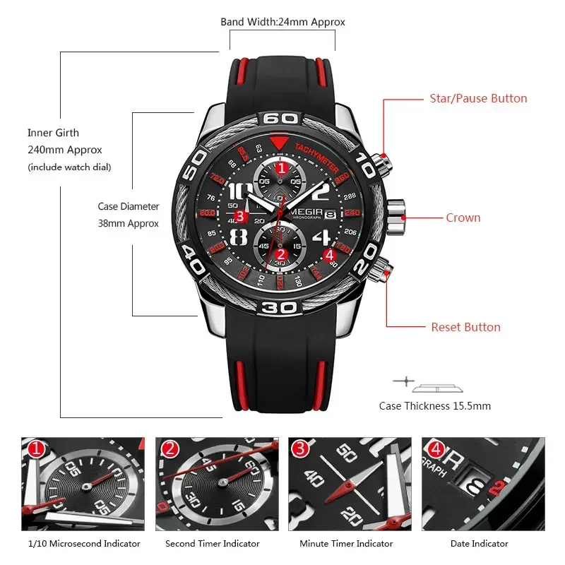 Megir Heren Sport Chronograaf Quartz Horloges Waterdicht Siliconen Leger Racing Lichtgevende Klok Relojios Masculinos 2045-1N3