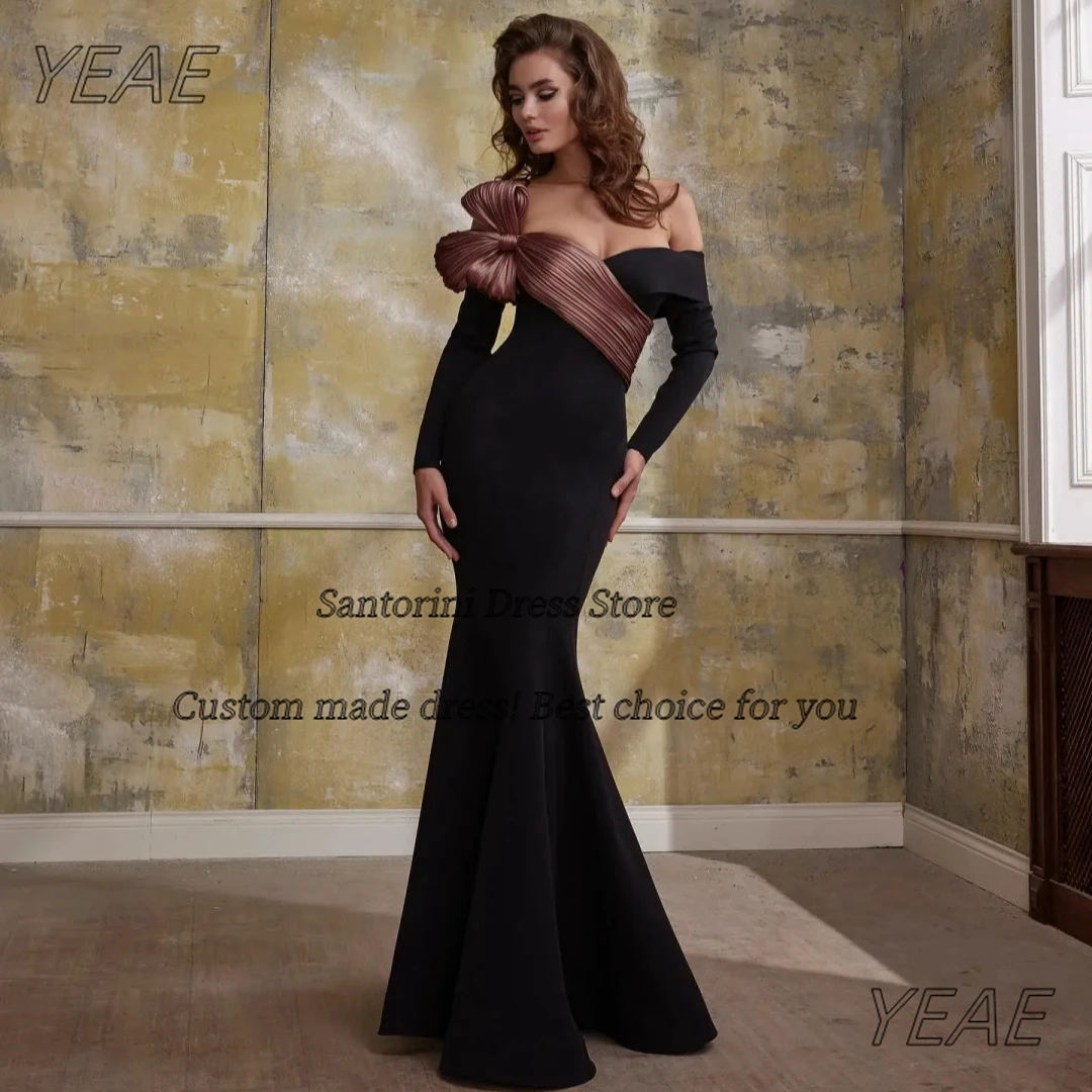 

Santorini Customized Black Mermaid Dresses Prom Women Wear Long Sleeves Evening Gowns Contrast Color Flower Neckline Party Dress