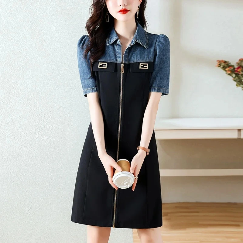 

Женское джинсовое платье составного кроя, повседневное универсальное платье большого размера с поясом в Корейском стиле, Новинка лета 2024