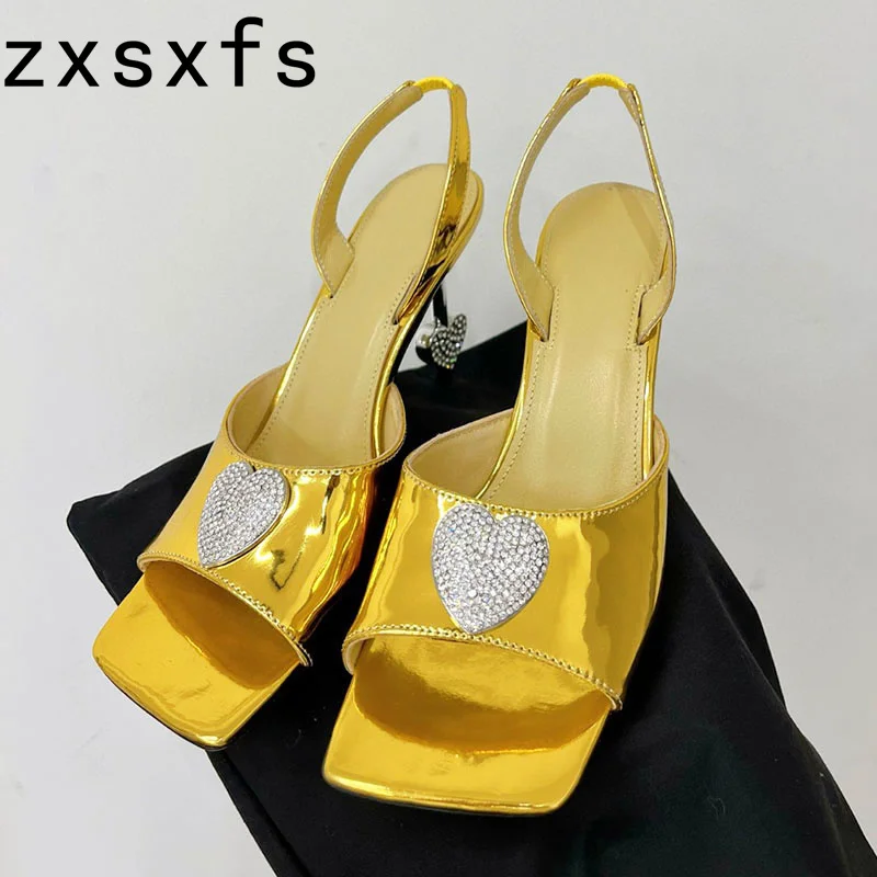 

New Square Toe Slides Crystal Heart Dress Shoes Women Satin Strange Heel Gladiator Sandals Women Slingback Summer Sandalias