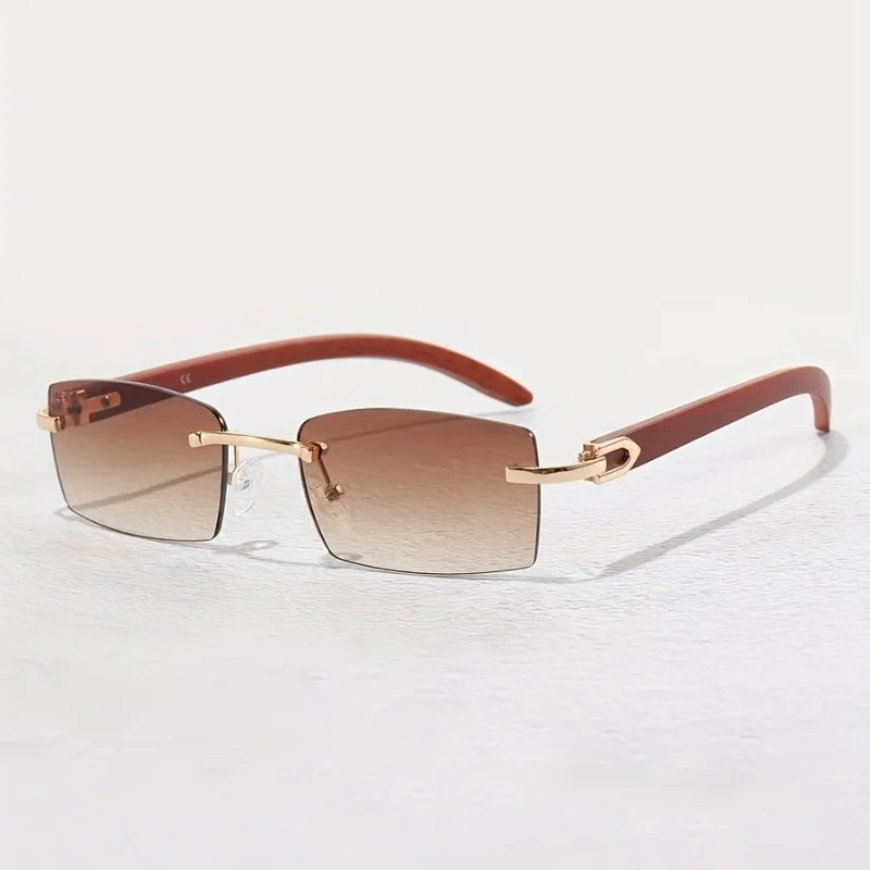 1pcs Men's Rimless Brown Retro Wood Grain & Gold Rim Rectangular Glasses Set with Case.