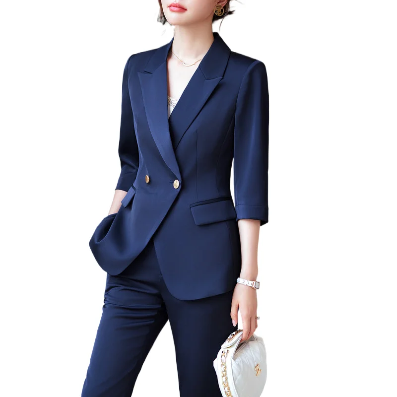 NAVIU Navy Blue Pink White Ladies Formal Pants Suit Women Jacket and Trouser Female Business Work Wear 2 Picec Blazer Set New