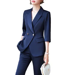 NAVIU Navy Blue Pink White Ladies Formal Pants Suit Women Jacket and Trouser Female Business Work Wear 2 Picec Blazer Set New