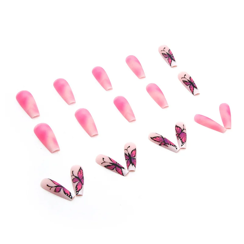 24Pcs/Set Butterfly Halo Dyeing Long T Scrub Reusable False Nails Seamless Removable Art Fake Nails Capsule Free Shipping Items