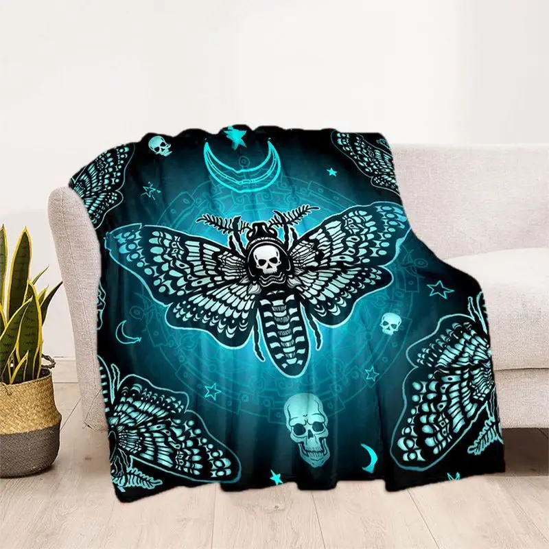 VIKAMA Gothic Death Head Moth Flannel Air Conditioner Throw Blanket Skull Moon Star Print Soft Sofa Bedroom Decor