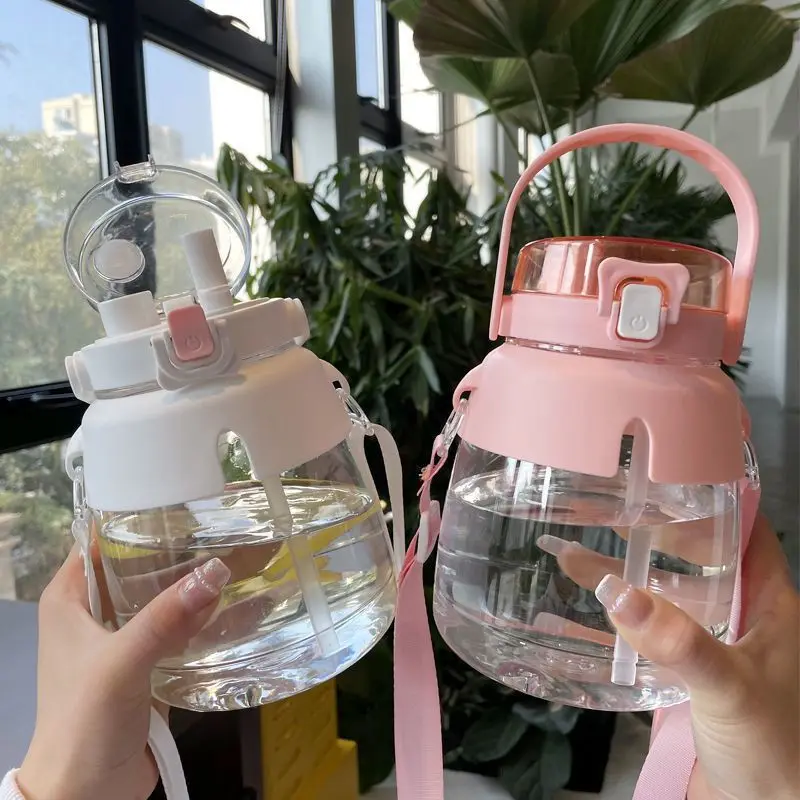 

1.3 L Sports Water Bottle Summer Female Students Oversized Capacity Plastic Water Cup With Straw Simple Portable Pot Belly Cup
