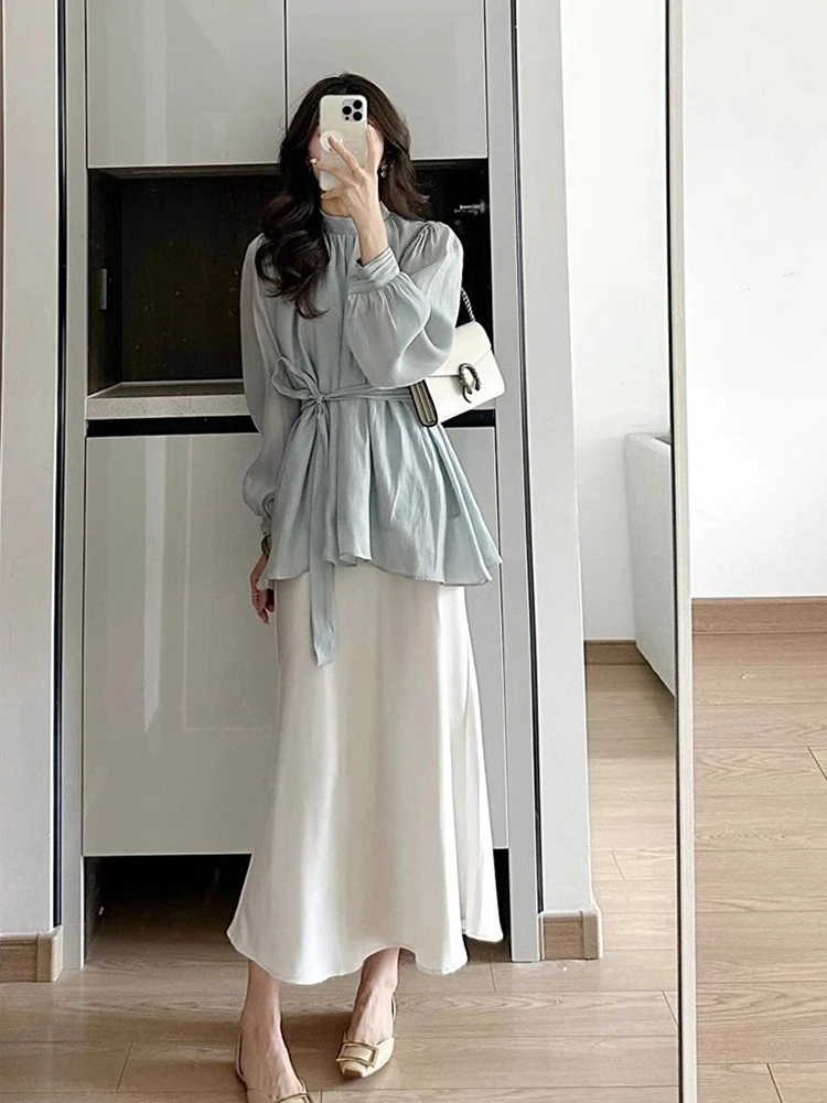 

Ele Long Sve Women's Dr Beautiful Set Sweet Japanese Sle mid Waist A-Line Skirt Polyester Fiber Genteel Autumn Wear