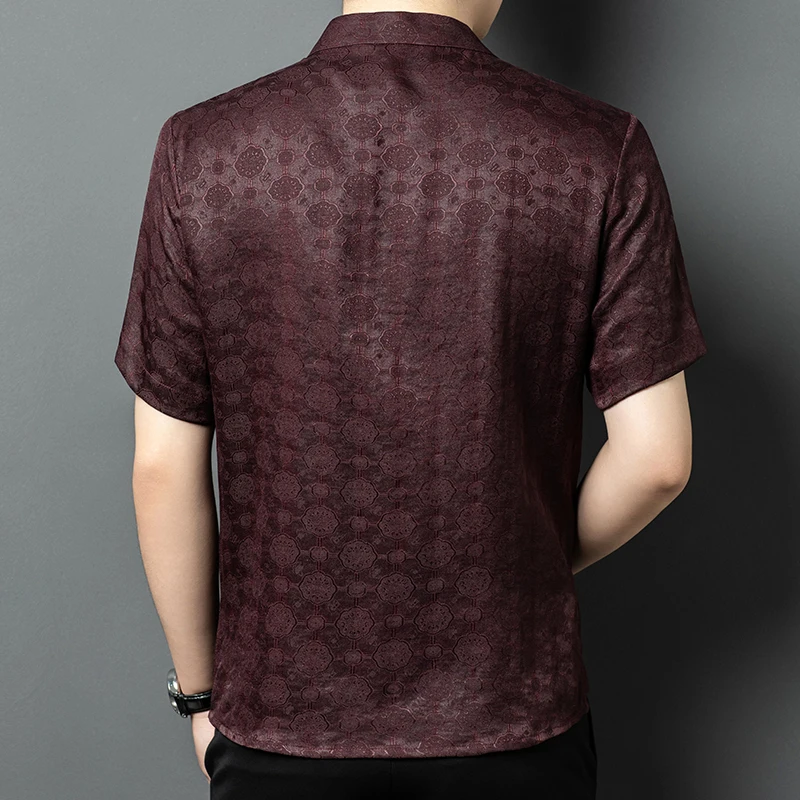 Mulberry Silk Frog Shirts For Men Short Sleeved Jacquard Pocket Summer Quality Gambiered Canton Gauze Coolness Camisas De Hombre