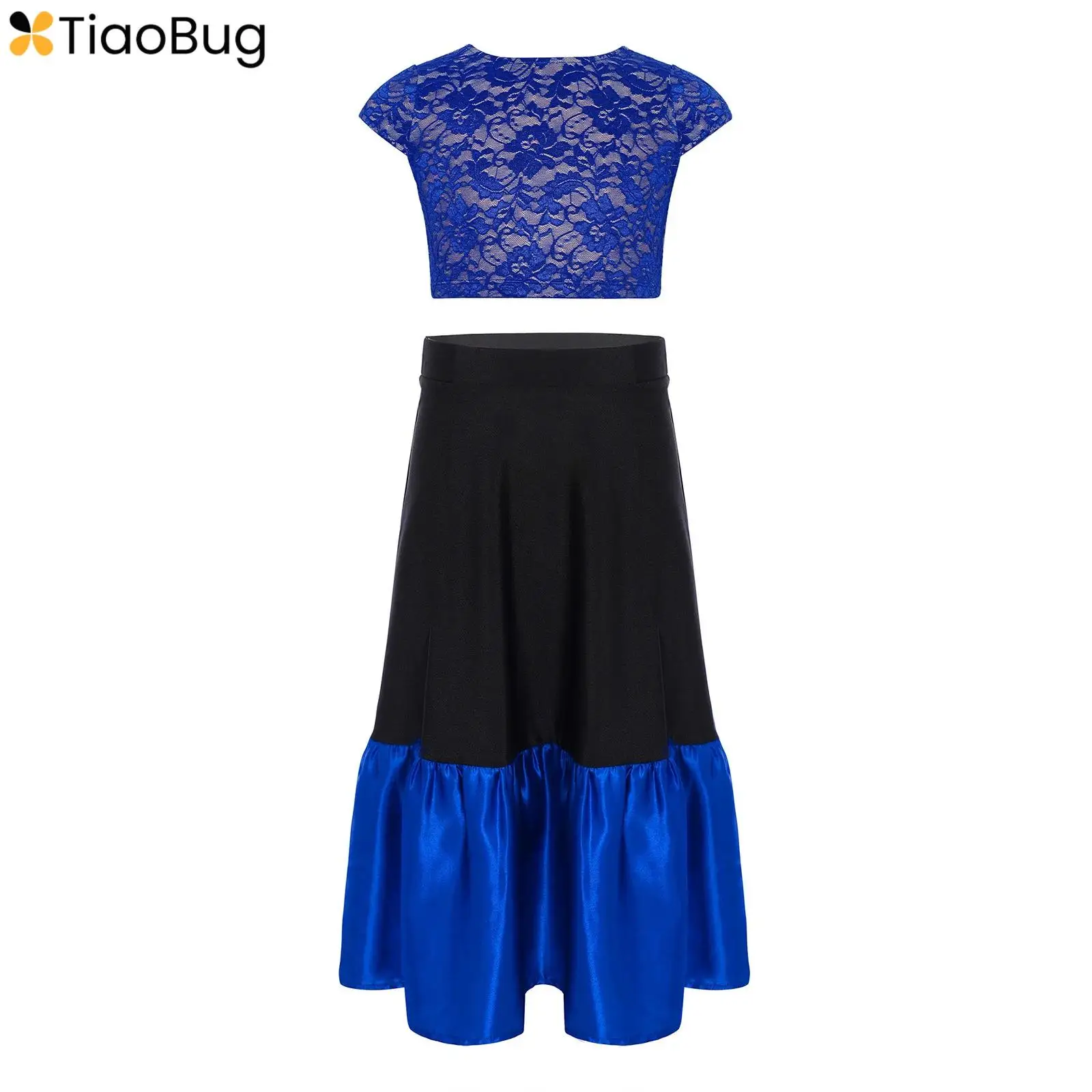

Kids Girls Flamenco Dance Dress Spanish Costume Round Neck Cap Sleeves V-Back Floral Lace Crop Top Shirts+Color Block Skirt Set