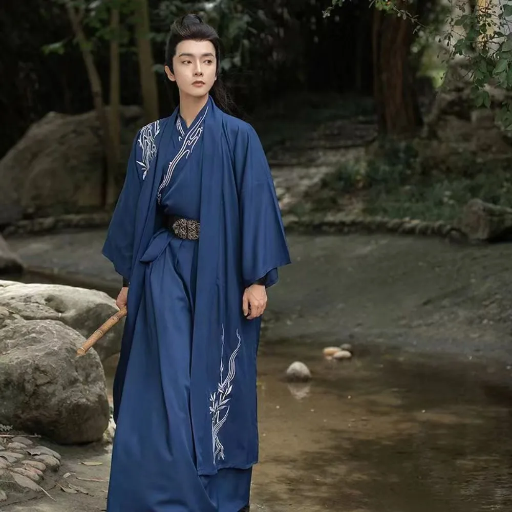 Hanfu pakaian dinasti Lagu pria, pakaian tradisional Tiongkok Hanfu biru hitam, pakaian Cosplay untuk pria