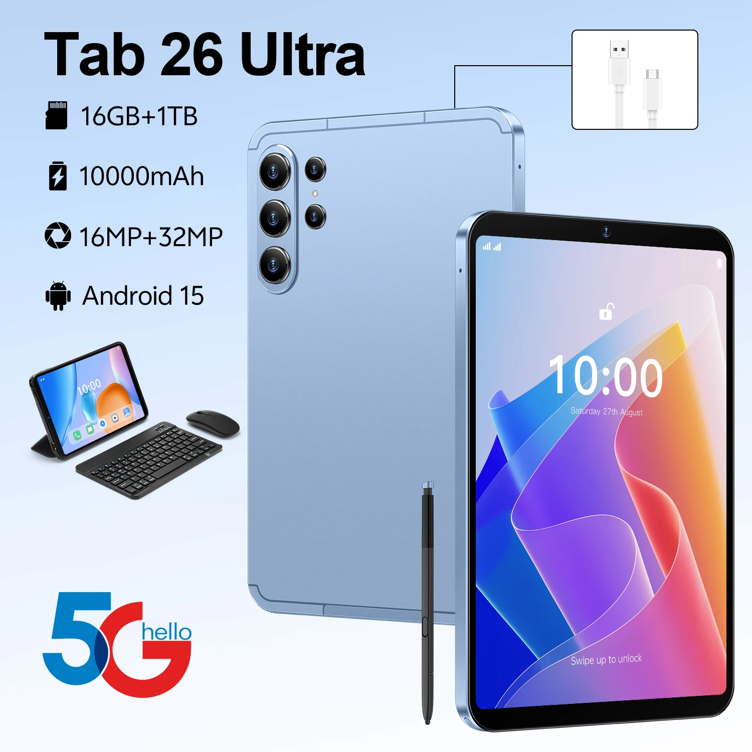 

2026 New Tab 26 Ultra 10.1 inch 16GB+1TB Dual Card Tablet 10000mAh Android 15 Snapdragon 8 Gen3 Core WIFI+GPS Tablet