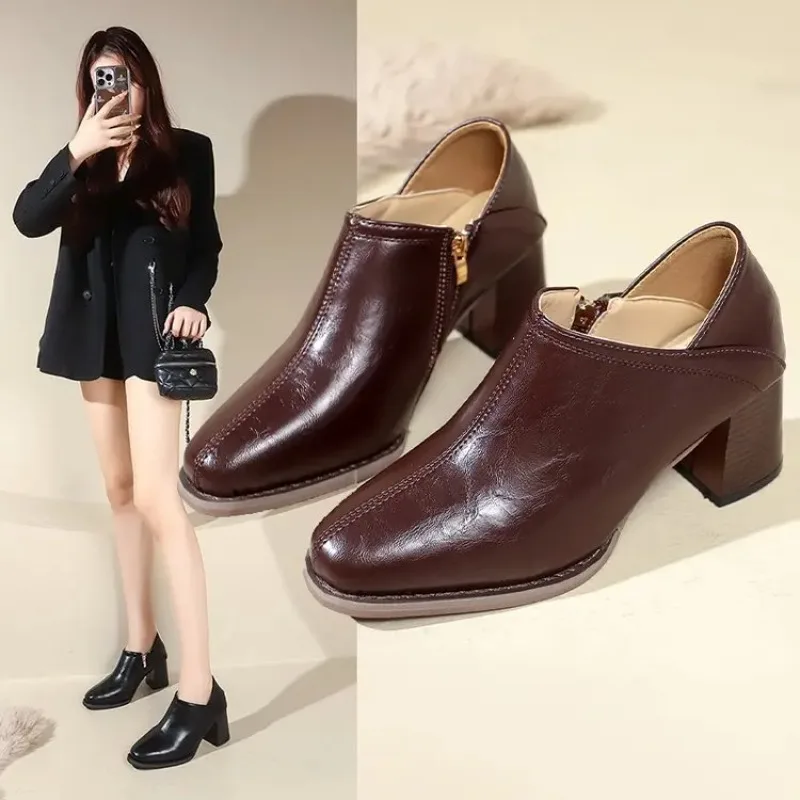 

2025 Hot Selling Women's Square Toe High Heels Thick Heel Zipper Shoes Autumn Retro Women Shoes Office Professional High Heels