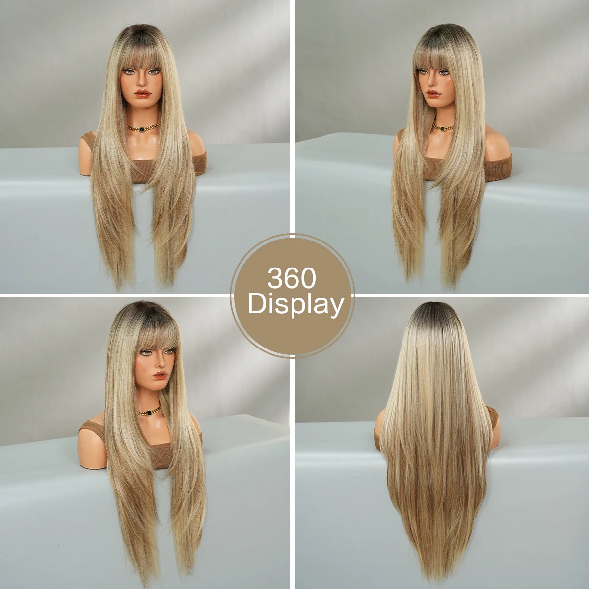 7JHH WIGS Long Straight Layered Champagne Wig for Women Synthetic Modest Fashion Wear and Go Blonde Wigs with Dark Roots - view 5