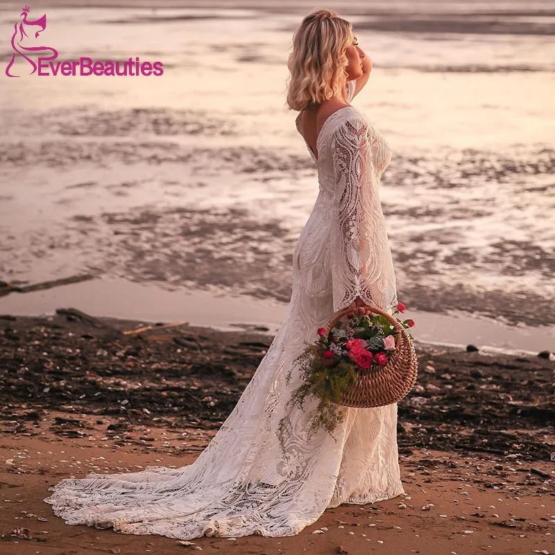 Long Sleeves Wedding Dresses Robe De Mariée Beach Wedding Gowns Bohemian Vestidos Elegantes Para Mujer Mermaid Lace Bride Dress