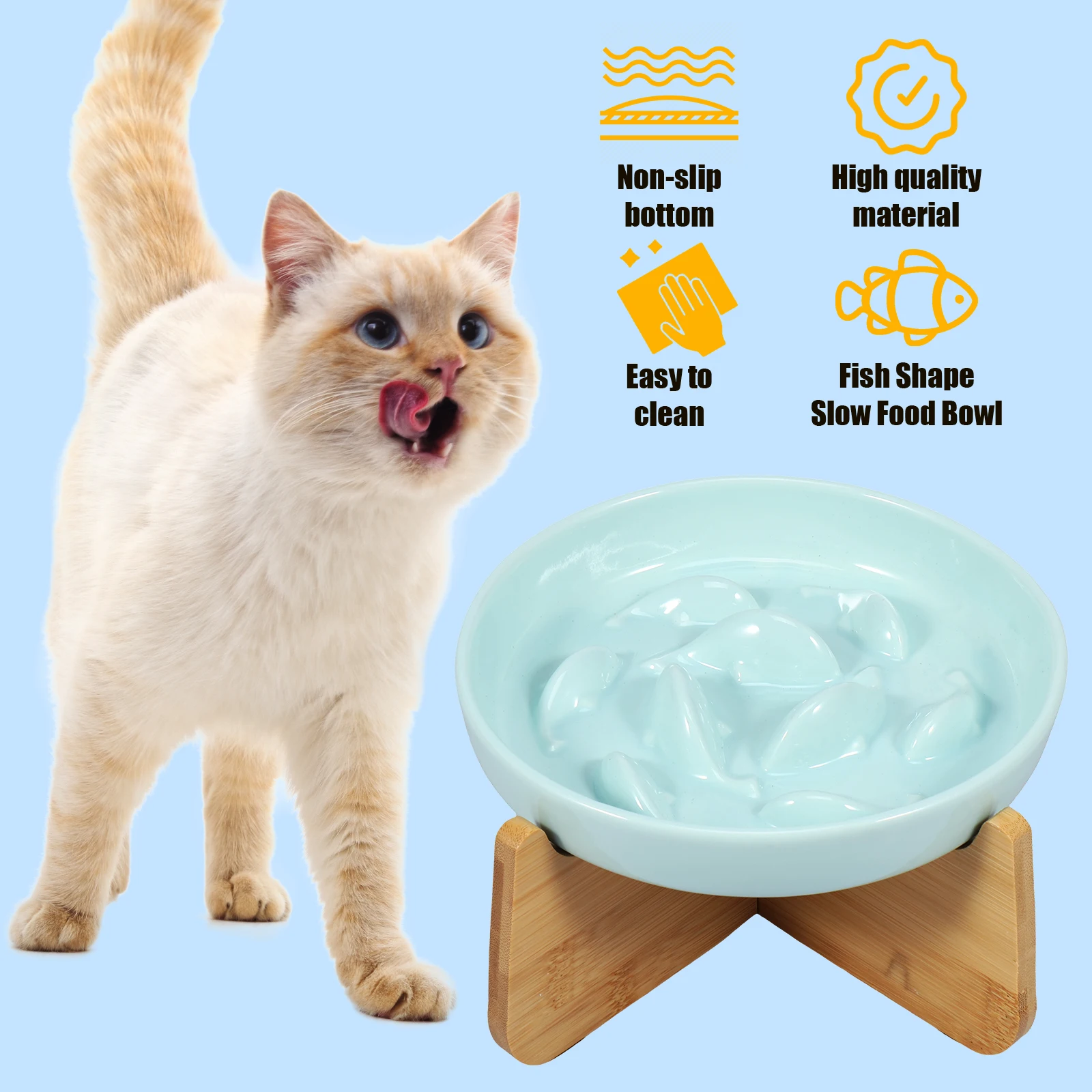 Ceramic Pet Slow Food Bowl Elevated Cat Bowls with Wood Stand Puppy Bowl Basin Neck Protection Cat Anti Choking Food Bowl