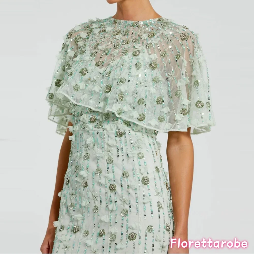 Florettarobe Women's Green Long Prom Dress O-Neck Short-Sleeved Handmade Beads Sequins  Evening Dresses Party Gowns Customized image 4