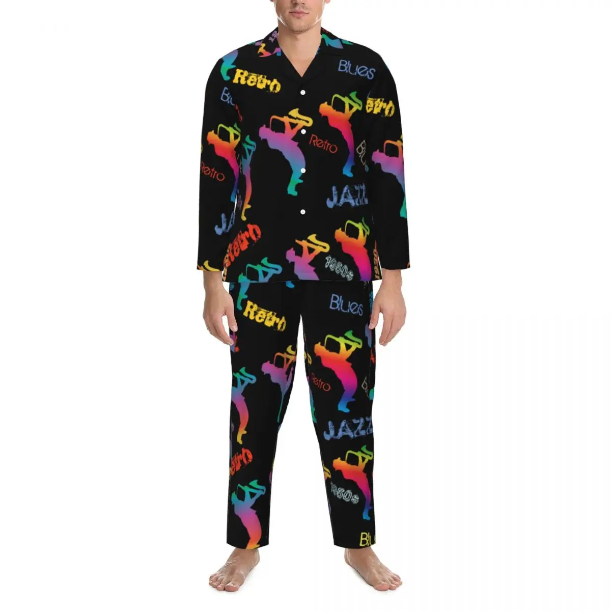 

Neon Jazz Festivals Pajama Set Retro Music Pop Art Sleepwear Men Long Sleeves Casual Loose Daily 2 Pieces Nightwear Large Size