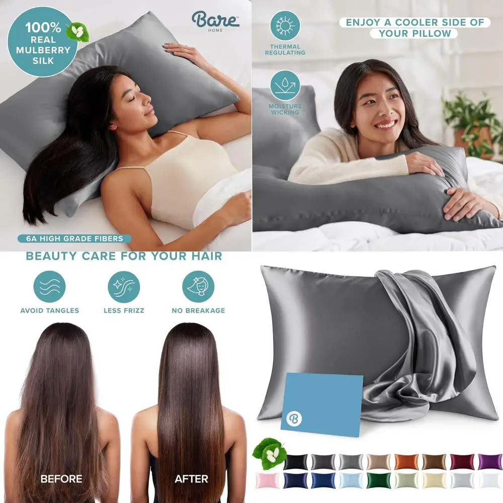 

Luxury 6A Grade 19 Momme Mulberry Silk Pillowcase - Hair & Skin Care, Standard Grey