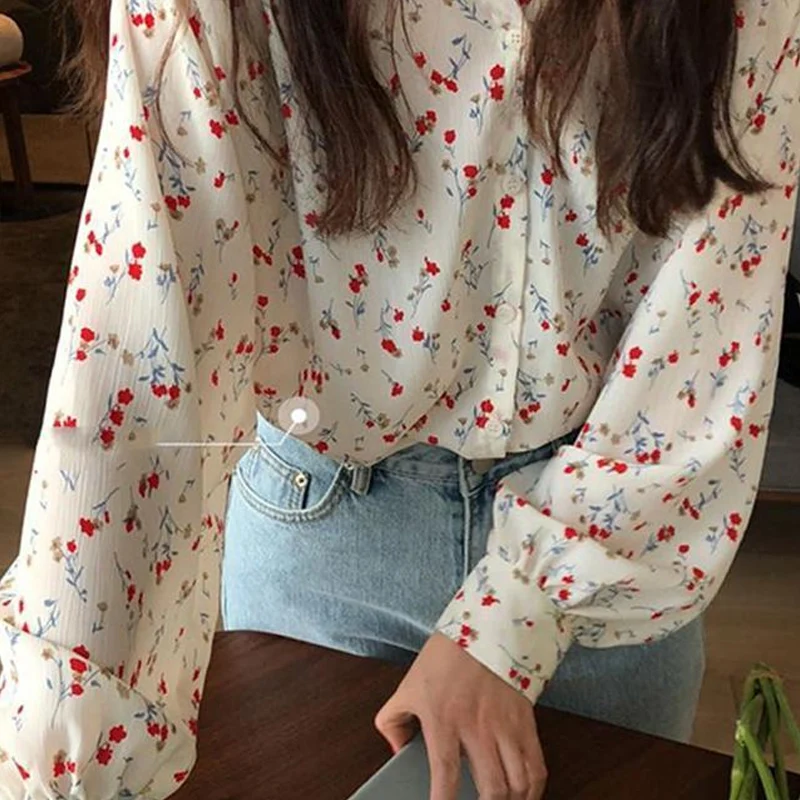 Floral Chiffon Shirt Tops Spring Autumn New Long Sleeve Polo Neck Printing Loose Youth Blouse Fashion Sweet Cute Women Clothing