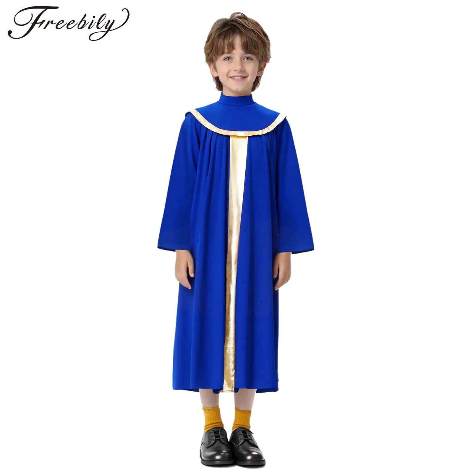 Children Church Choir Worship Liturgical Praise Dance Robe Long Sleeve Metallic Pleated Grown Halloween Christian Priest Costume
