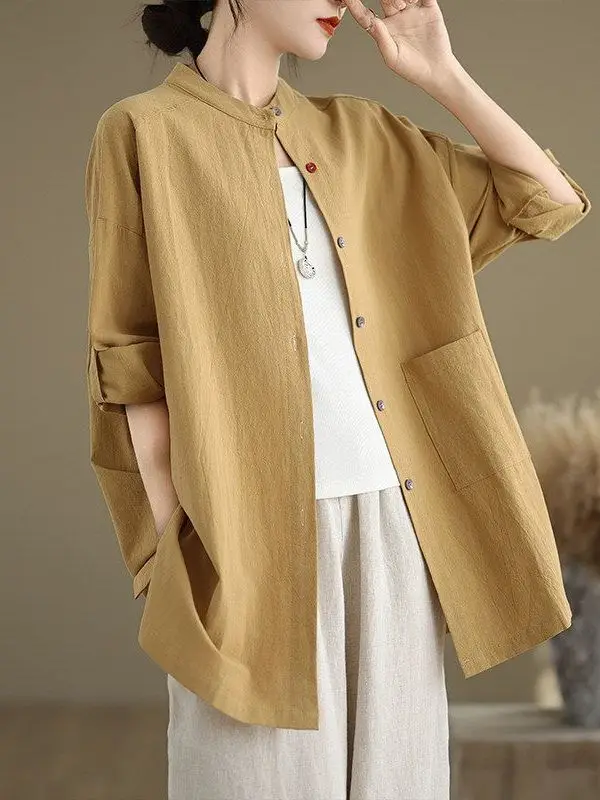 

Элитный антивозрастной ретро-кардиган из хлопка и льна для женщин, весна-осень, новинка, с воротником-стойкой, на пуговицах, свободного кроя