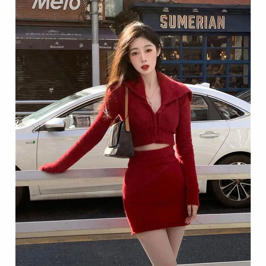 

Spring/Autumn Two Piece Set Women Outfits New Year Red Imitation Mink Fur Cardigan Sweater+Knitted Wrap Slimming Mini Skirt Set