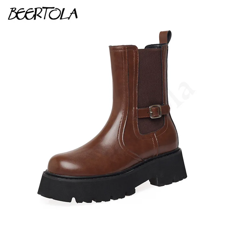 

Women's Brown Pull-On Boots New Autumn and Winter Thick-Soled High Round-Toed Elastic Boots Fashionable Chelsea Short Boots