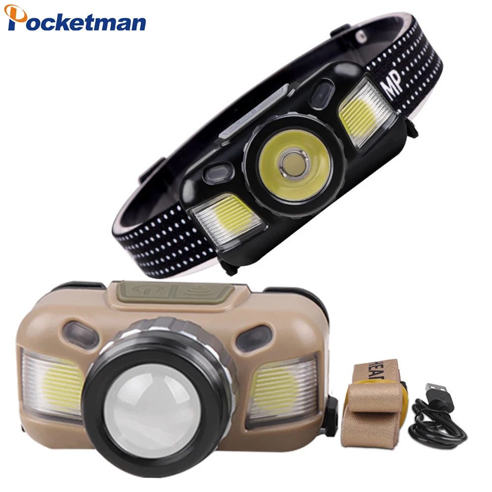 

Pocketman Super Bright XPE+COB LED Headlamp Waterproof Zoomable Headlight USB Rechargeable Head Lamp Head Flashlight