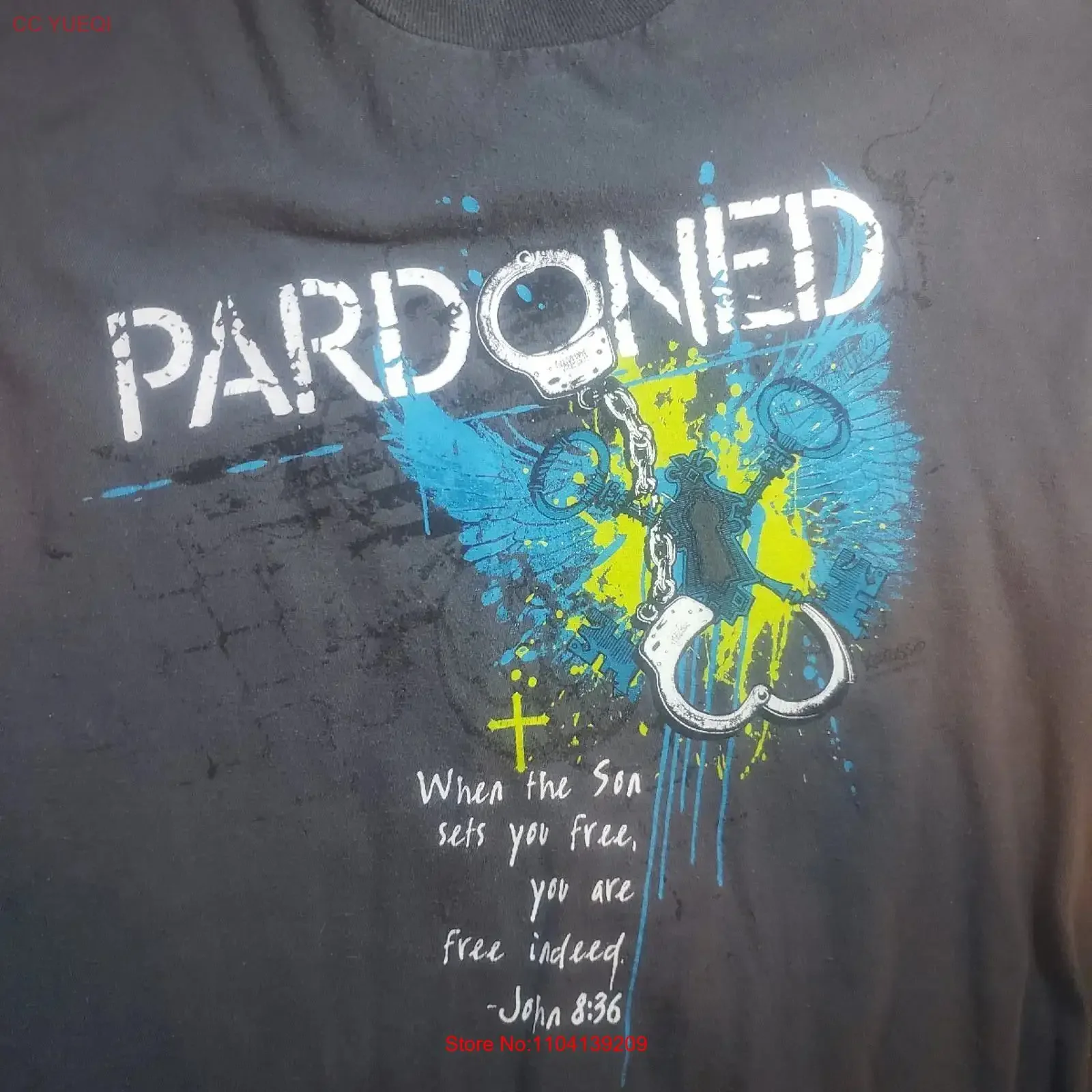 Christian T Shirt Mens XXL Pardoned John 8 36 Alstyle Y2K Streetwear Religious vintage Washed graphic homme Slightly